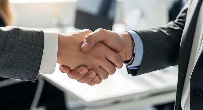Two business people clasp hands in a bright office, signifying a deal or agreement.