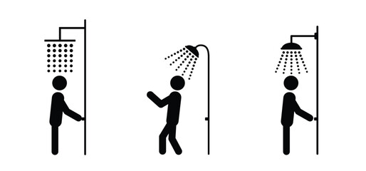 Stickman, shower head with water drops for man or woman. Vector bathroom tools. Water shower symbol. for shower stall or shower bath and bath room, bathing hot water. Douche icon. Showerhead logo. 
