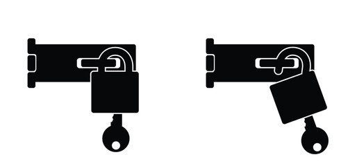 Door hinge buckle. Door hinges with keyhole padlock. Construction hardware. gates and windows tools. Repair tool. Lock or open the door or window. Hinge safety hasp concept