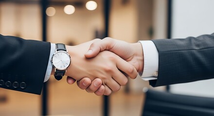 Two professionals formally shake hands during a deal to signify a partnership.