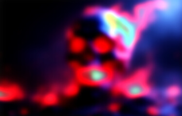 Vibrant cosmic blurry skull with glowing red and blue hues