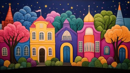 Colorful Pixelated Town Street Scene Featuring Vibrant Buildings and Trees Under A Starry Night Sky with A Whimsical and Artistic Aesthetic