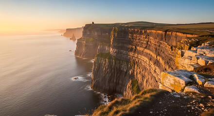 Aerial view of cliffs of moher coastline during sunset with ocean and green landscape in ireland ai generated