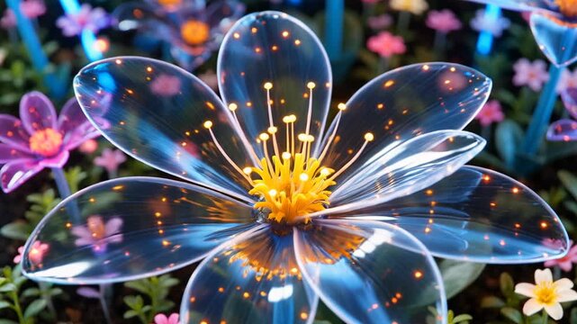 Transparent glowing flower blooming with soft light and ethereal petals