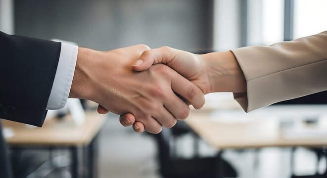 Business handshake signifies deal agreement and partnership, conveying collaboration.