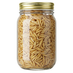 Golden oat grains in a clear glass jar isolated on white background
