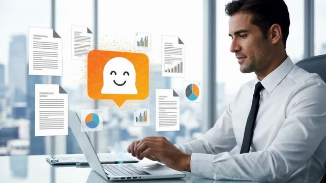 AI agent generating business reports and documents, artificial intelligence analyzing text and summarizing information, businessman giving instructions to AI using laptop