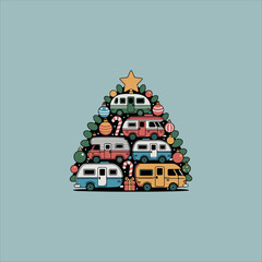Christmas Tree Made of Campers , Festive Holiday RV Vector Illustration