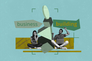 Trendy art creative full zine photo collage of happy businesswoman businessman sit geometric figure...