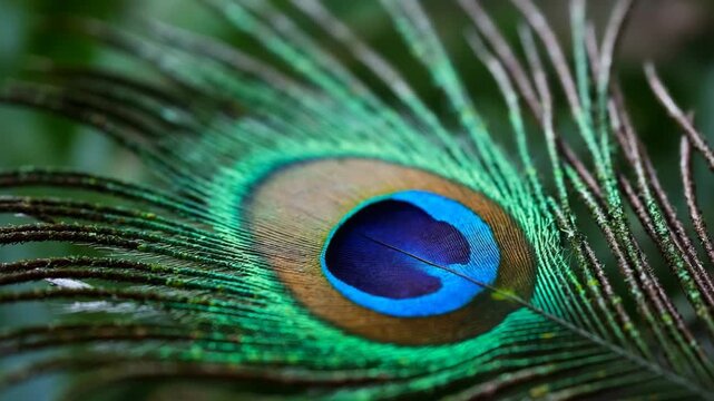 Peacock feather close up for vishu celebration. Macro photograph of a colorful peacock feather showing intricate patterns and vivid iridescent hues. Ideal for nature, texture, and abstract design