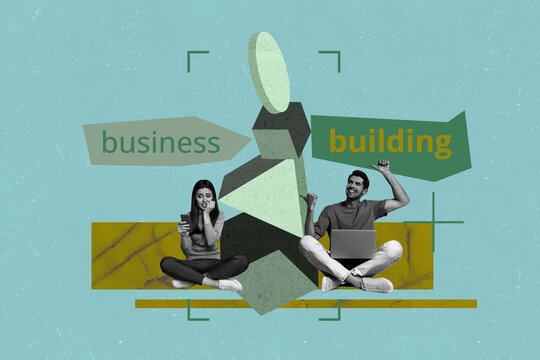 Trendy art creative full zine photo collage of happy businesswoman businessman sit geometric figure tower new business building start