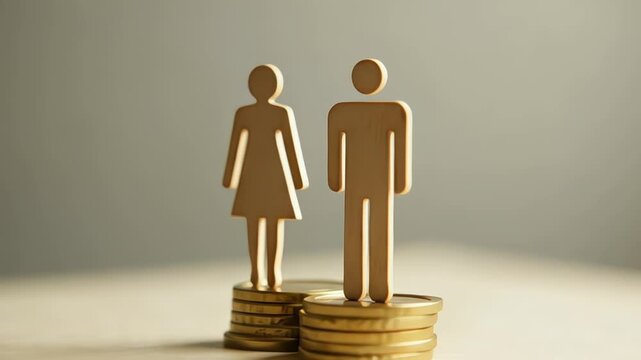 Gender pay gap concept showing wooden figures on different stacks of coins