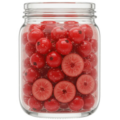 Glass jar filled with red currants and carbonated water isolated on white background