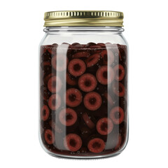 Preserved cherry slices in a glass jar with golden lid, bubbles suspended isolated on white background