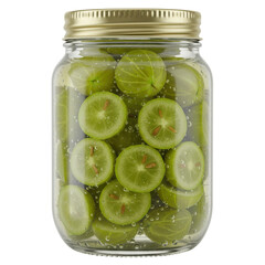 Glass jar filled with fresh green gooseberries isolated on white background