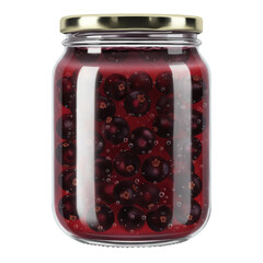 Close-up of a glass jar filled with dark red currant jam isolated on white background