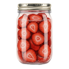 Sliced strawberries preserved in a glass jar with bubbles and silver lid isolated on white background