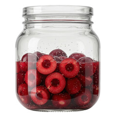 Preserved cherries in a glass jar with sparkling liquid isolated on white background