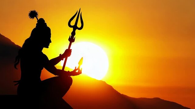 Silhouette of lord rama for ram navami celebration. Silhouette of Hindu god Lord Shiva holding a trident and seated against a vibrant sunset background in the mountains. Spirituality, peace, and
