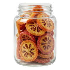 Glass jar filled with candied citrus slices isolated on white background