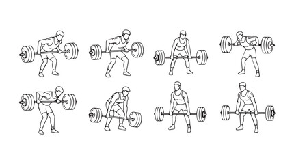 Weightlifting exercise sequence male athlete performing various barbell strength training movements silhouette