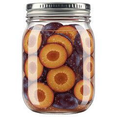Jarred plums preserved fruit slices in clear glass with bubbles and silver lid isolated on white background