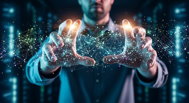Man's Hands Holding Futuristic Network, Global Connection, Digital Technology, Data, Innovation, Abstract Concept.