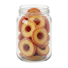 Delicate peach-colored rings in a clear glass jar isolated on white background