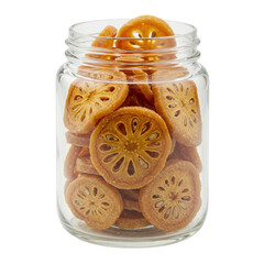 Delectable dried fruit rounds in a glass jar isolated on white background