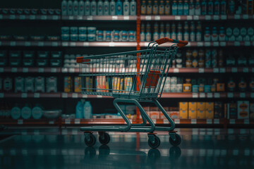 Shopping cart in grocery store aisle supermarket retail food shopping consumerism business concept