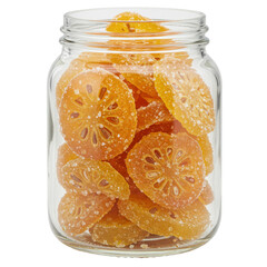 Sweetened, candied fruit slices in a glass jar isolated on white background