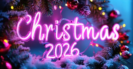 Bright neon Christmas sign with year 2026. Festive background includes snow, lights, ornaments. Vibrant colors create holiday mood.