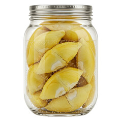 Durian fruit preserved in glass jar with carbonated liquid isolated on white background