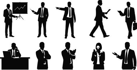 Businessman silhouettes, corporate manager vector, office worker clipart, executive poses, business people graphics, entrepreneur illustration, company icons, professional man clipart set