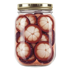 Glass jar of mangosteen segments in liquid isolated on white background