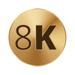 8k golden badge icon with glossy finish on white background.