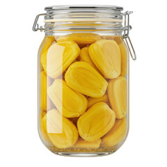 Preserved jackfruit segments submerged in syrup within a glass jar isolated on white background