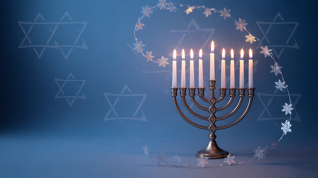 A lit menorah with glowing candles surrounded by snowflakes and Star of David symbols on a blue background
