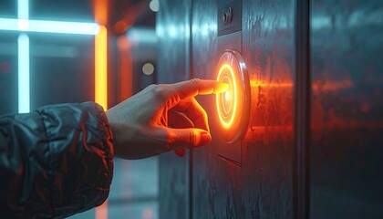 Person Pressing Illuminated Elevator Button in Dark Modern Interior with Blue and Orange Neon Lights
