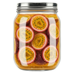 Vibrant passion fruit slices in a glass jar isolated on white background