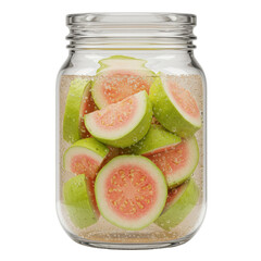 Sliced guava fruit preserved in a sparkling, glass jar of liquid isolated on white background