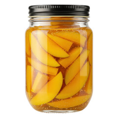 Glass jar of honey-preserved mango slices isolated on white background