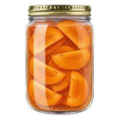 Glass jar of sliced persimmons in syrup, bubbles visible isolated on white background