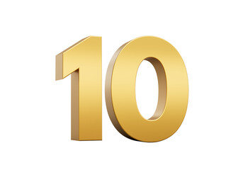 3D Golden number 10 Ten with a shiny metallic finish and sharp edges, 3d illustration