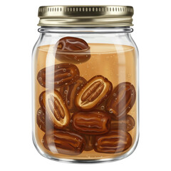 Jarred dates preserved sweetness in golden syrup, a culinary still life isolated on white background