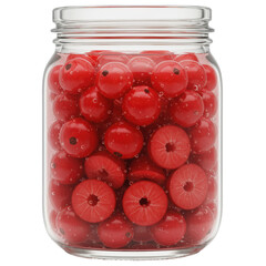 Jar of preserved red berries with bubbles, some sliced, in glass container isolated on white background