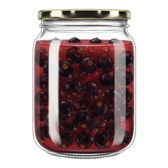 Glass jar filled with dark berries and red liquid isolated on white background