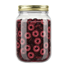 Jar of sliced black olives with golden lid and tiny bubbles isolated on white background