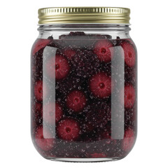 Glass jar filled with vibrant berries and sparkling liquid isolated on white background