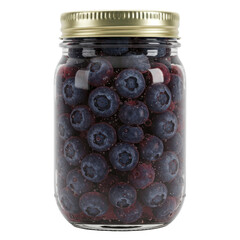 Close-up of blueberries in a glass jar with gold lid isolated on white background